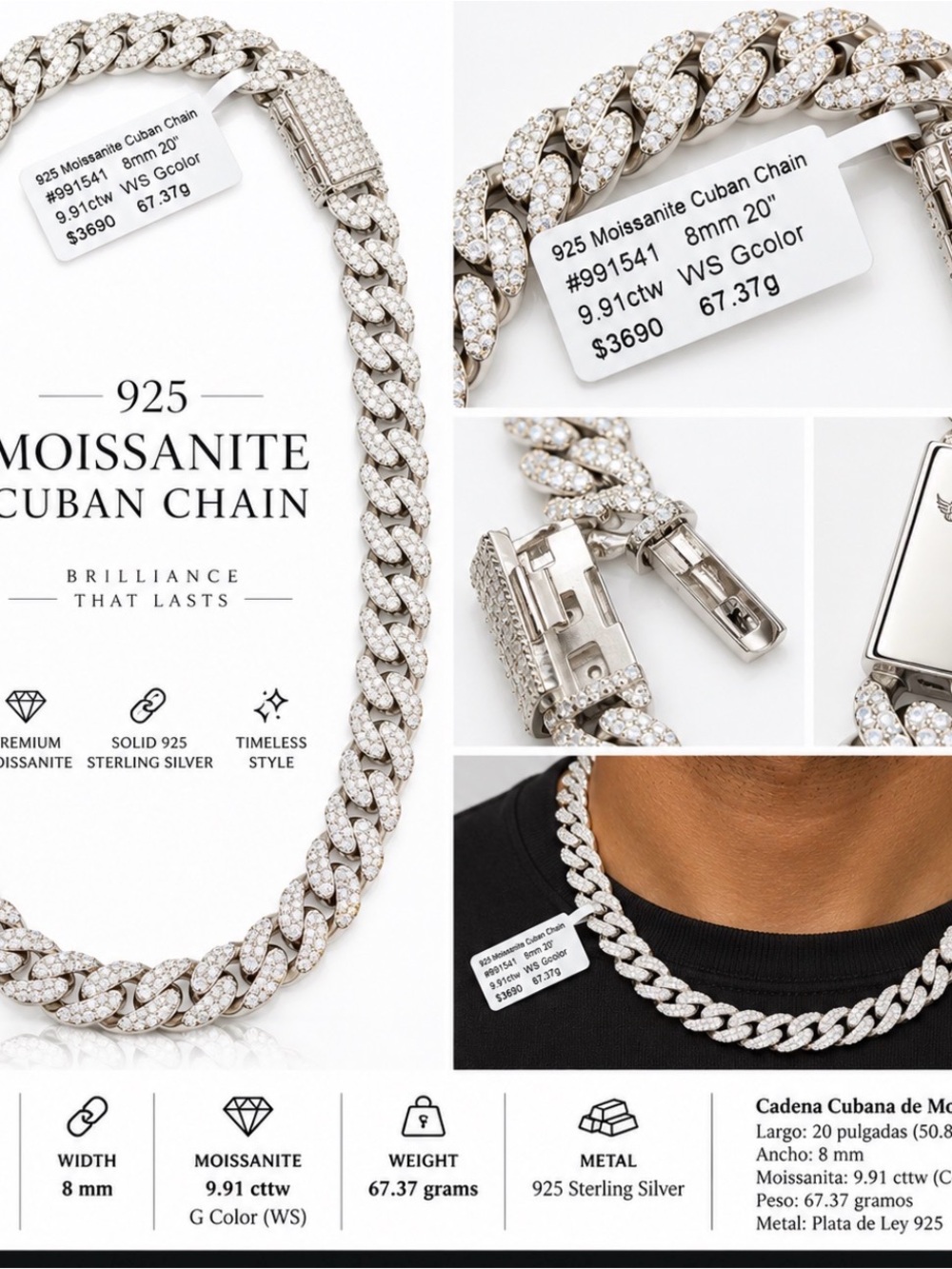 925 Sterling Silver Moissanite Cuban Chain Necklace - White/Silver